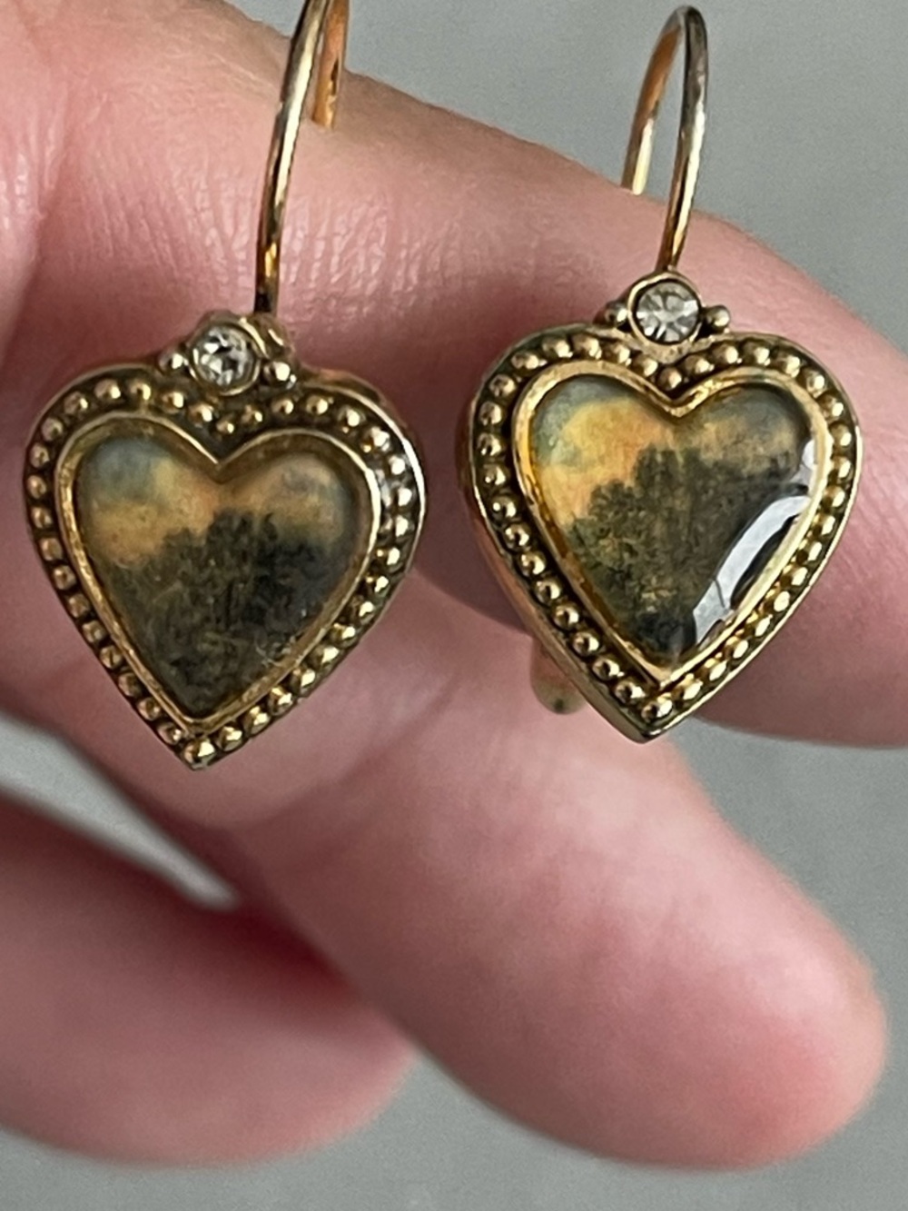 Gold Heart Drop Earrings with Amber-Toned Center and Crystal Accent
